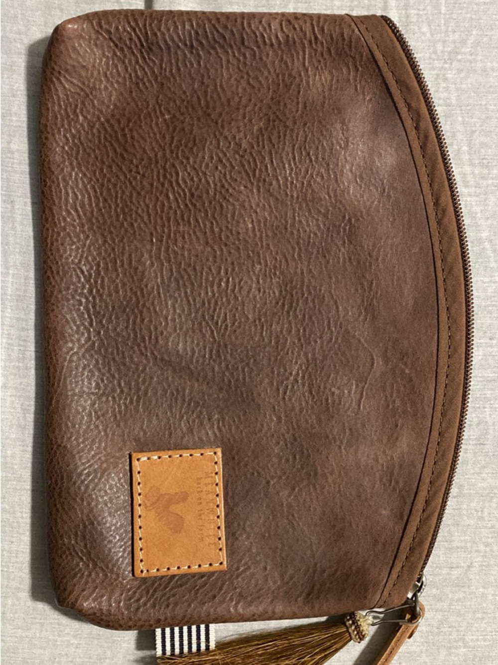 Brown Leather Wristlet Clutch with Tassel